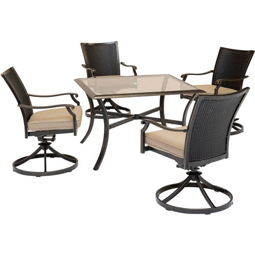 Hanover - Traditions 5pc: 4 Wicker Back Swivel Rockers, 42" Square Glass Table - Tan/Bronze-United Backyard