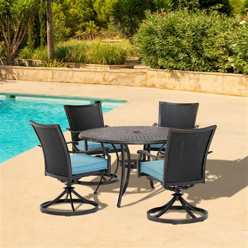 Hanover - Traditions 5pc: 4 Wicker Back Swivel Rockers, 48" Round Cast Table - Blue/Bronze-United Backyard