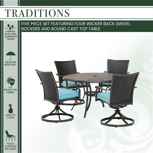 Hanover - Traditions 5pc: 4 Wicker Back Swivel Rockers, 48" Round Cast Table - Blue/Bronze-United Backyard