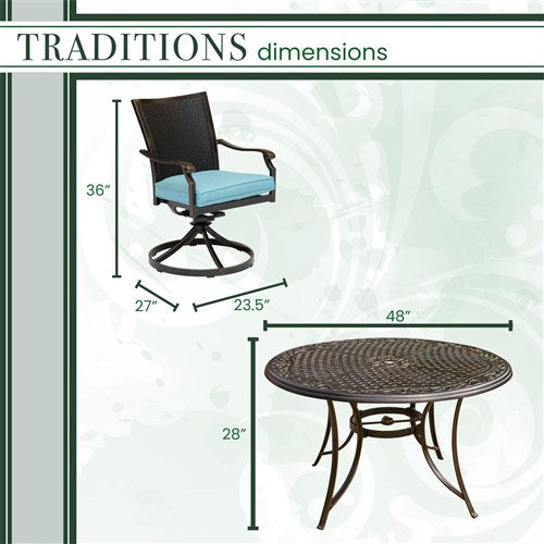 Hanover - Traditions 5pc: 4 Wicker Back Swivel Rockers, 48" Round Cast Table - Blue/Bronze-United Backyard