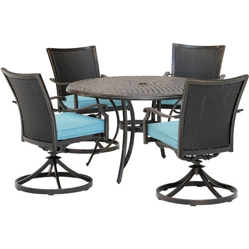 Hanover - Traditions 5pc: 4 Wicker Back Swivel Rockers, 48" Round Cast Table - Blue/Bronze-United Backyard