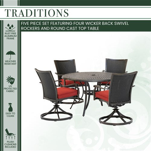 Hanover - Traditions 5pc: 4 Wicker Back Swivel Rockers, 48" Round Cast Table - Red/Bronze-United Backyard