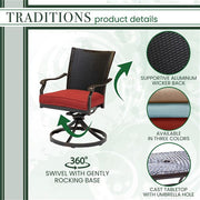 Hanover - Traditions 5pc: 4 Wicker Back Swivel Rockers, 48" Round Cast Table - Red/Bronze-United Backyard