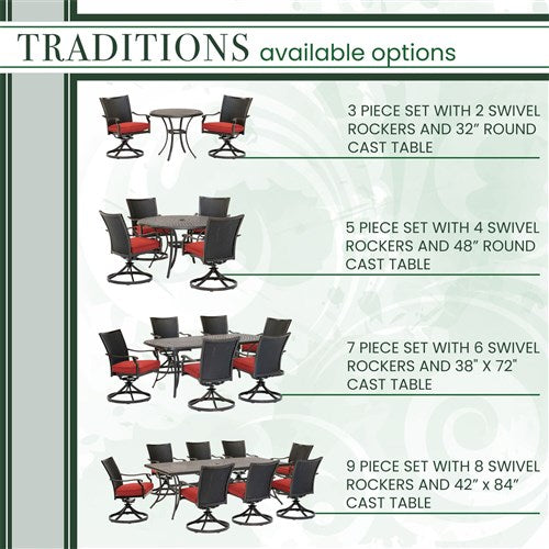 Hanover - Traditions 5pc: 4 Wicker Back Swivel Rockers, 48" Round Cast Table - Red/Bronze-United Backyard
