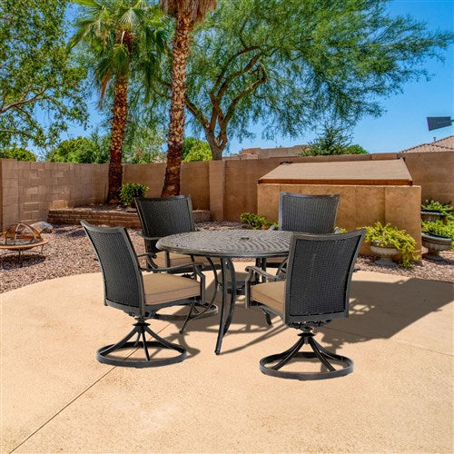 Hanover - Traditions 5pc: 4 Wicker Back Swivel Rockers, 48" Round Cast Table - Tan/Bronze-United Backyard