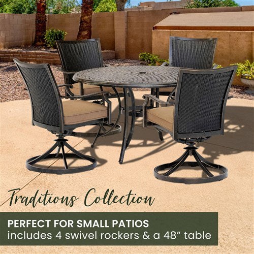 Hanover - Traditions 5pc: 4 Wicker Back Swivel Rockers, 48" Round Cast Table - Tan/Bronze-United Backyard