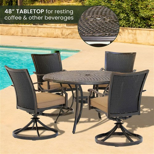 Hanover - Traditions 5pc: 4 Wicker Back Swivel Rockers, 48" Round Cast Table - Tan/Bronze-United Backyard