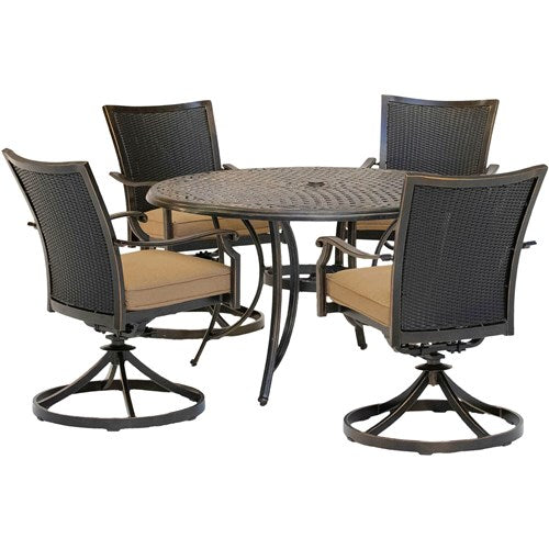 Hanover - Traditions 5pc: 4 Wicker Back Swivel Rockers, 48" Round Cast Table - Tan/Bronze-United Backyard