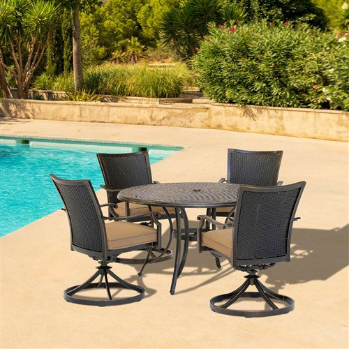 Hanover - Traditions 5pc: 4 Wicker Back Swivel Rockers, 48" Round Cast Table - Tan/Bronze-United Backyard