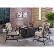Hanover - Traditions 5pc Fire Pit: 4 Cushioned Rockers, Rectangle KD Fire Pit w/Tile - Tan/Tile-United Backyard