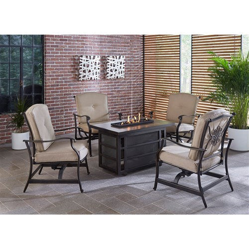 Hanover - Traditions 5pc Fire Pit: 4 Cushioned Rockers, Rectangle KD Fire Pit w/Tile - Tan/Tile-United Backyard