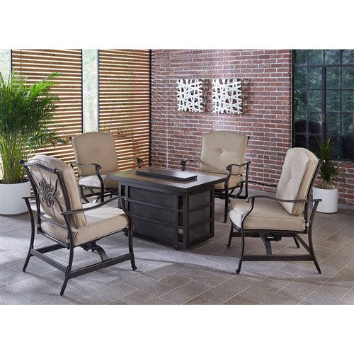 Hanover - Traditions 5pc Fire Pit: 4 Cushioned Rockers, Rectangle KD Fire Pit w/Tile - Tan/Tile-United Backyard
