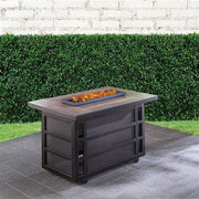 Hanover - Traditions 5pc Fire Pit: 4 Cushioned Rockers, Rectangle KD Fire Pit w/Tile - Tan/Tile-United Backyard