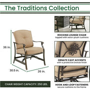 Hanover - Traditions 5pc Fire Pit: 4 Cushioned Rockers, Rectangle KD Fire Pit w/Tile - Tan/Tile-United Backyard