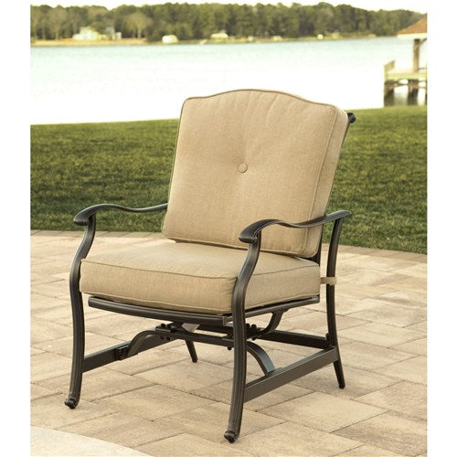 Hanover - Traditions 5pc Fire Pit: 4 Cushioned Rockers, Rectangle KD Fire Pit w/Tile - Tan/Tile-United Backyard
