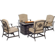 Hanover - Traditions 5pc Fire Pit: 4 Cushioned Rockers, Rectangle KD Fire Pit w/Tile - Tan/Tile-United Backyard