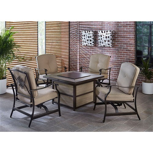 Hanover - Traditions 5pc Fire Pit: 4 Cushioned Rockers, Square KD Fire Pit w/Tile - Tan/Tile-United Backyard