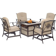 Hanover - Traditions 5pc Fire Pit: 4 Cushioned Rockers, Square KD Fire Pit w/Tile - Tan/Tile-United Backyard