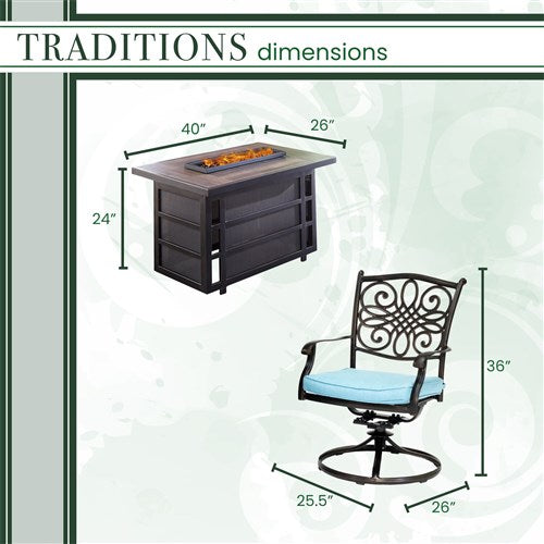 Hanover - Traditions 5pc Fire Pit: 4 Swivel Rockers, Rectangle KD Fire Pit w/Tile - Blue/Tile-United Backyard