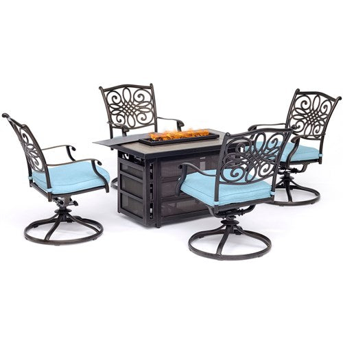 Hanover - Traditions 5pc Fire Pit: 4 Swivel Rockers, Rectangle KD Fire Pit w/Tile - Blue/Tile-United Backyard
