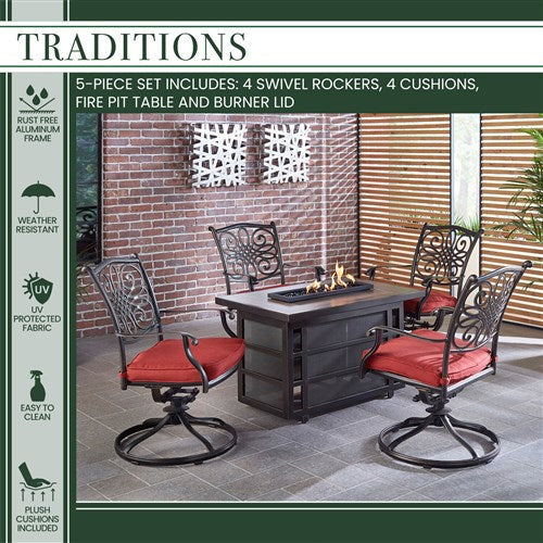 Hanover - Traditions 5pc Fire Pit: 4 Swivel Rockers, Rectangle KD Fire Pit w/Tile - Red/Tile-United Backyard