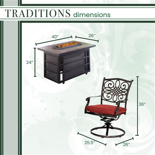 Hanover - Traditions 5pc Fire Pit: 4 Swivel Rockers, Rectangle KD Fire Pit w/Tile - Red/Tile-United Backyard