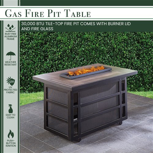 Hanover - Traditions 5pc Fire Pit: 4 Swivel Rockers, Rectangle KD Fire Pit w/Tile - Tan/Tile-United Backyard