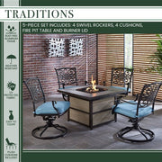Hanover - Traditions 5pc Fire Pit: 4 Swivel Rockers, Square KD Fire Pit w/Tile - Blue/Tile-United Backyard