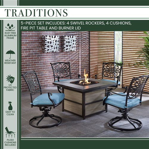 Hanover - Traditions 5pc Fire Pit: 4 Swivel Rockers, Square KD Fire Pit w/Tile - Blue/Tile-United Backyard