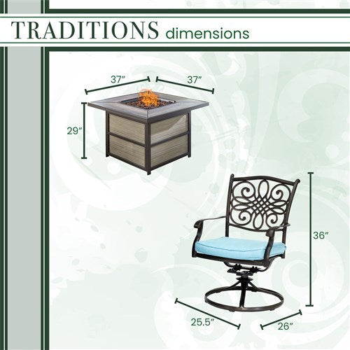 Hanover - Traditions 5pc Fire Pit: 4 Swivel Rockers, Square KD Fire Pit w/Tile - Blue/Tile-United Backyard