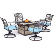 Hanover - Traditions 5pc Fire Pit: 4 Swivel Rockers, Square KD Fire Pit w/Tile - Blue/Tile-United Backyard