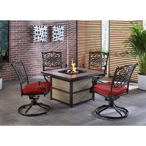 Hanover - Traditions 5pc Fire Pit: 4 Swivel Rockers, Square KD Fire Pit w/Tile - Red/Tile-United Backyard
