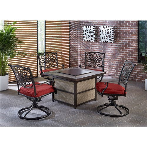Hanover - Traditions 5pc Fire Pit: 4 Swivel Rockers, Square KD Fire Pit w/Tile - Red/Tile-United Backyard