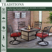 Hanover - Traditions 5pc Fire Pit: 4 Swivel Rockers, Square KD Fire Pit w/Tile - Red/Tile-United Backyard