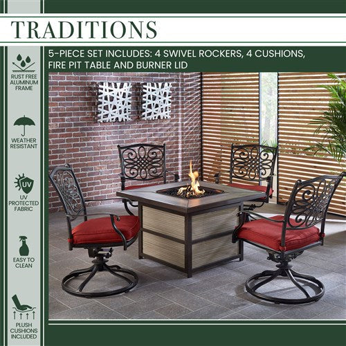 Hanover - Traditions 5pc Fire Pit: 4 Swivel Rockers, Square KD Fire Pit w/Tile - Red/Tile-United Backyard