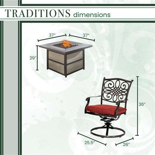 Hanover - Traditions 5pc Fire Pit: 4 Swivel Rockers, Square KD Fire Pit w/Tile - Red/Tile-United Backyard