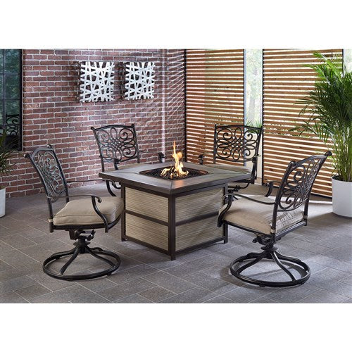 Hanover - Traditions 5pc Fire Pit: 4 Swivel Rockers, Square KD Fire Pit w/Tile - Tan/Tile-United Backyard