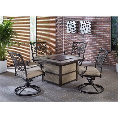 Hanover - Traditions 5pc Fire Pit: 4 Swivel Rockers, Square KD Fire Pit w/Tile - Tan/Tile-United Backyard