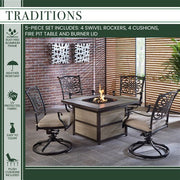 Hanover - Traditions 5pc Fire Pit: 4 Swivel Rockers, Square KD Fire Pit w/Tile - Tan/Tile-United Backyard