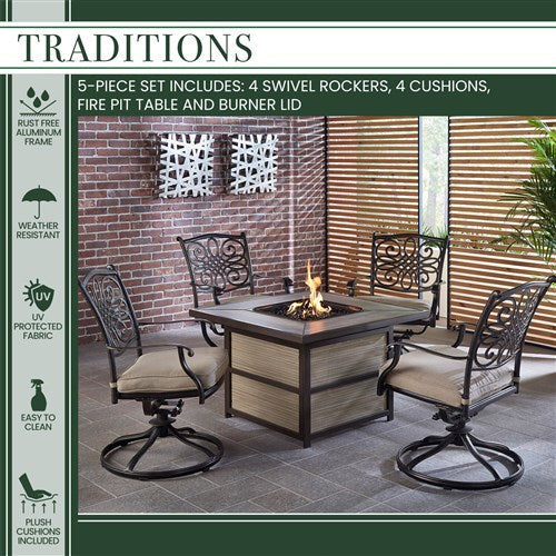 Hanover - Traditions 5pc Fire Pit: 4 Swivel Rockers, Square KD Fire Pit w/Tile - Tan/Tile-United Backyard