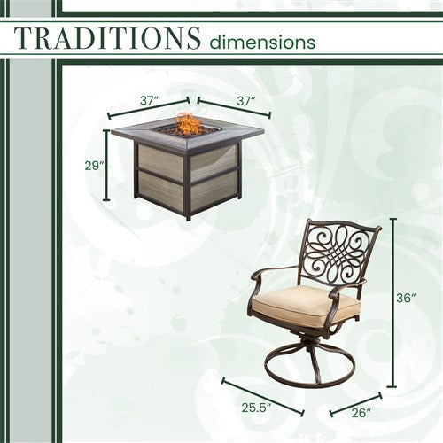 Hanover - Traditions 5pc Fire Pit: 4 Swivel Rockers, Square KD Fire Pit w/Tile - Tan/Tile-United Backyard