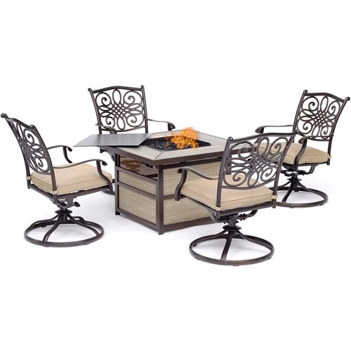 Hanover - Traditions 5pc Fire Pit: 4 Swivel Rockers, Square KD Fire Pit w/Tile - Tan/Tile-United Backyard