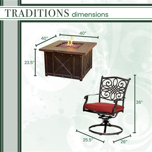 Hanover - Traditions 5pc Fire Pit: 4 Swivel Rockers and Durastone Fire Pit - Red/Bronze-United Backyard