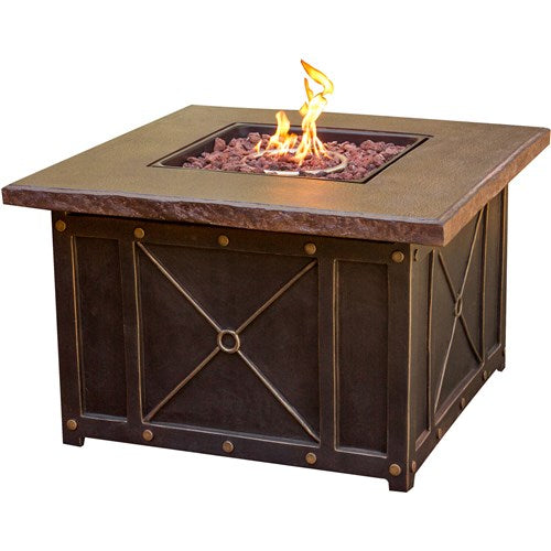 Hanover - Traditions 5pc Fire Pit: 4 Swivel Rockers and Durastone Fire Pit - Red/Bronze-United Backyard