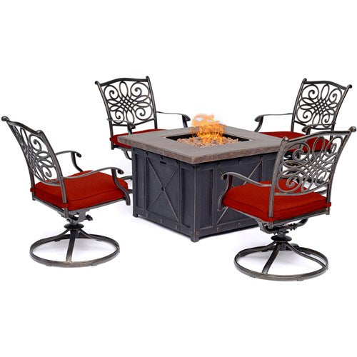 Hanover - Traditions 5pc Fire Pit: 4 Swivel Rockers and Durastone Fire Pit - Red/Bronze-United Backyard