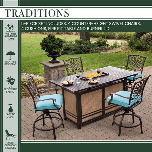 Hanover - Traditions 5pc Fire Pit High Dining: 4 Counter Swivel Rockers, 1 Fire Pit Table - Blue/Bronze-United Backyard