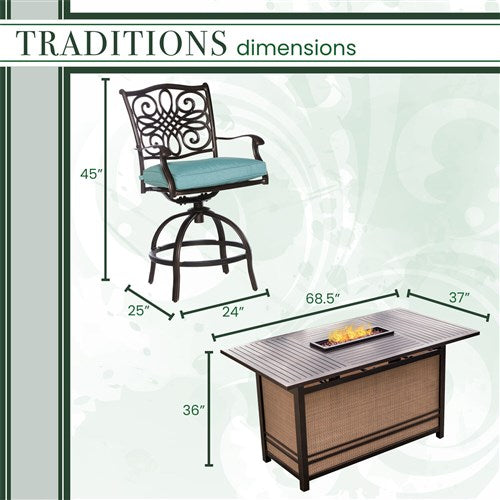 Hanover - Traditions 5pc Fire Pit High Dining: 4 Counter Swivel Rockers, 1 Fire Pit Table - Blue/Bronze-United Backyard