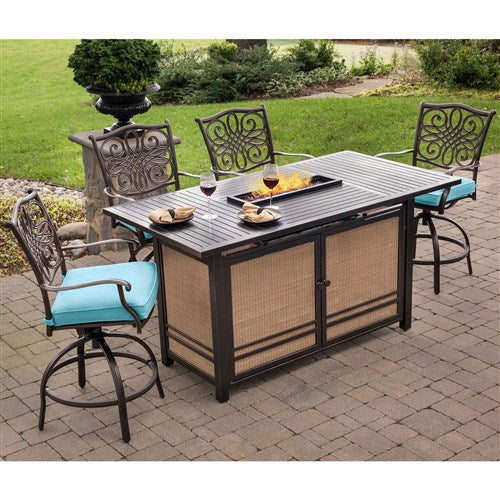 Hanover - Traditions 5pc Fire Pit High Dining: 4 Counter Swivel Rockers, 1 Fire Pit Table - Blue/Bronze-United Backyard