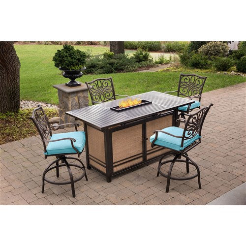 Hanover - Traditions 5pc Fire Pit High Dining: 4 Counter Swivel Rockers, 1 Fire Pit Table - Blue/Bronze-United Backyard