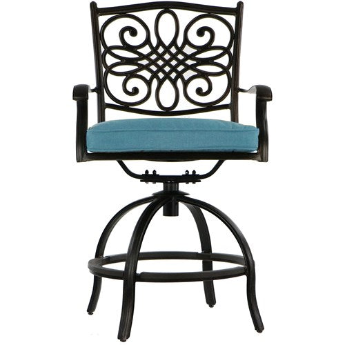 Hanover - Traditions 5pc Fire Pit High Dining: 4 Counter Swivel Rockers, 1 Fire Pit Table - Blue/Bronze-United Backyard